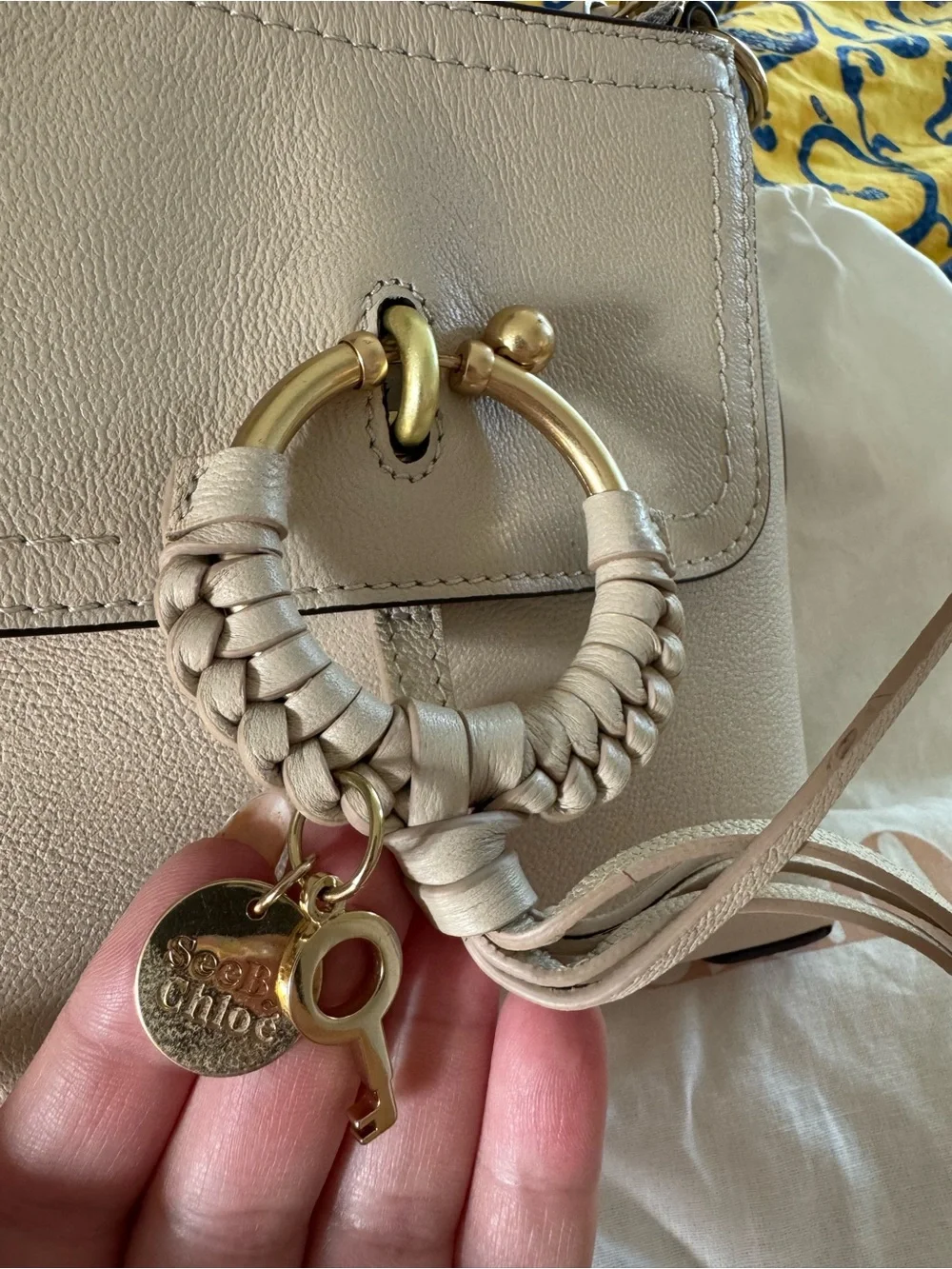 Chloe designer Cream Leather Crossbody Bag with Gold Ring Detail